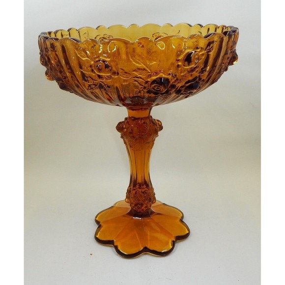 Fenton Cabbage Rose Amber Compote Pedestal Bowl Candy Dish - Picture 3 of 12